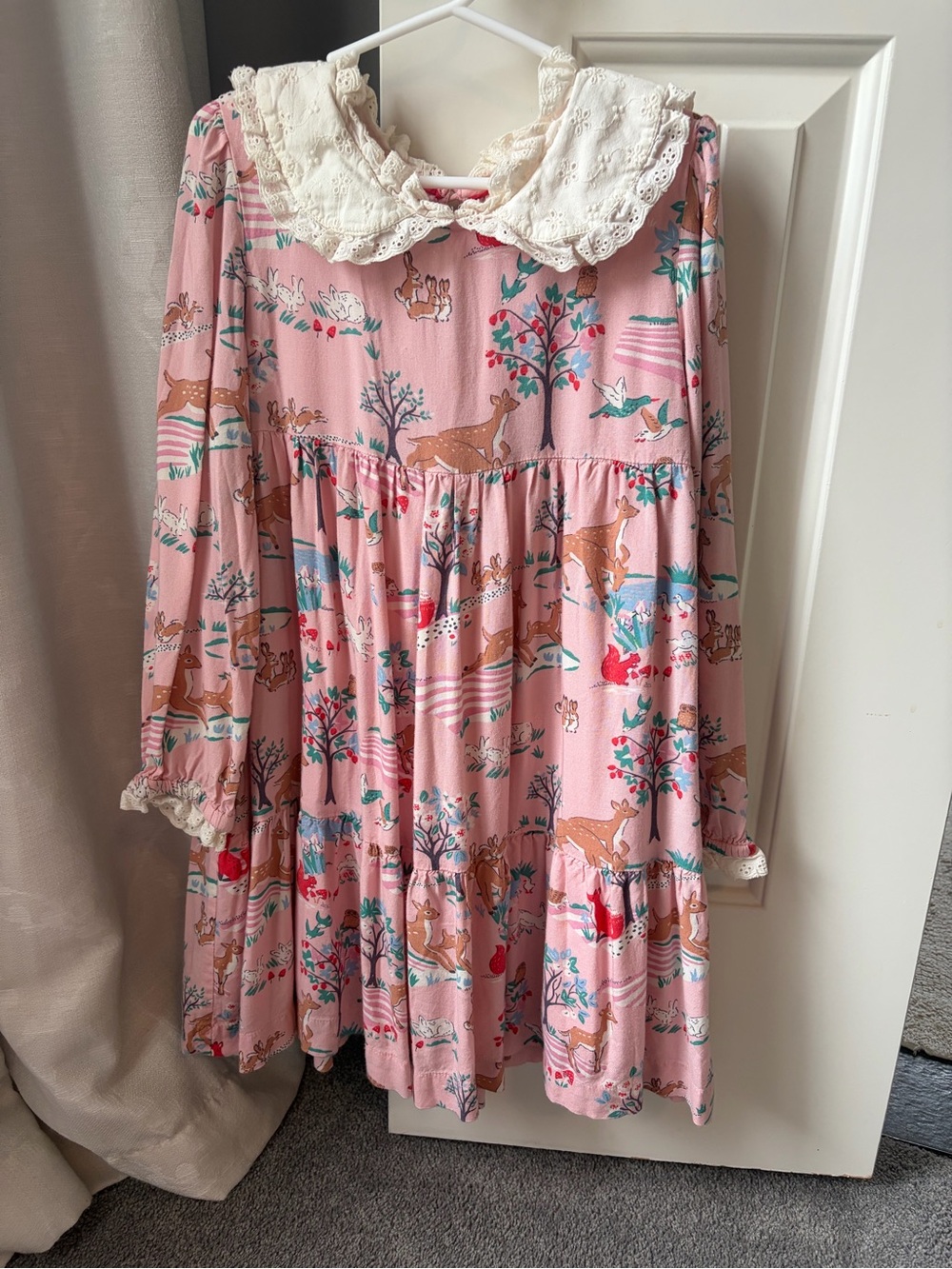 Mini Boden Pink Woodland Print Dress with Cream Lace Collar